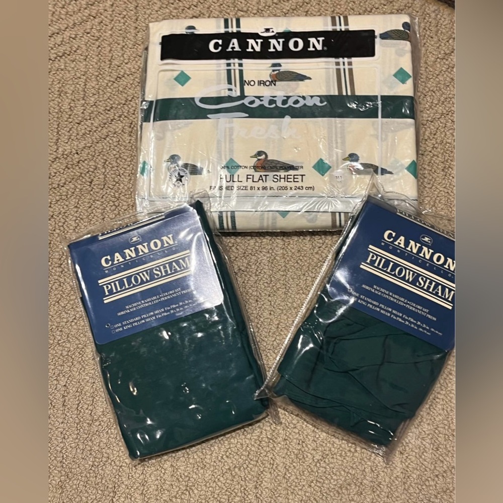 VINTAGE New 70’s CANNON Duck Mallard Full Flat Sheet 81x96”2 Pillows green Shams